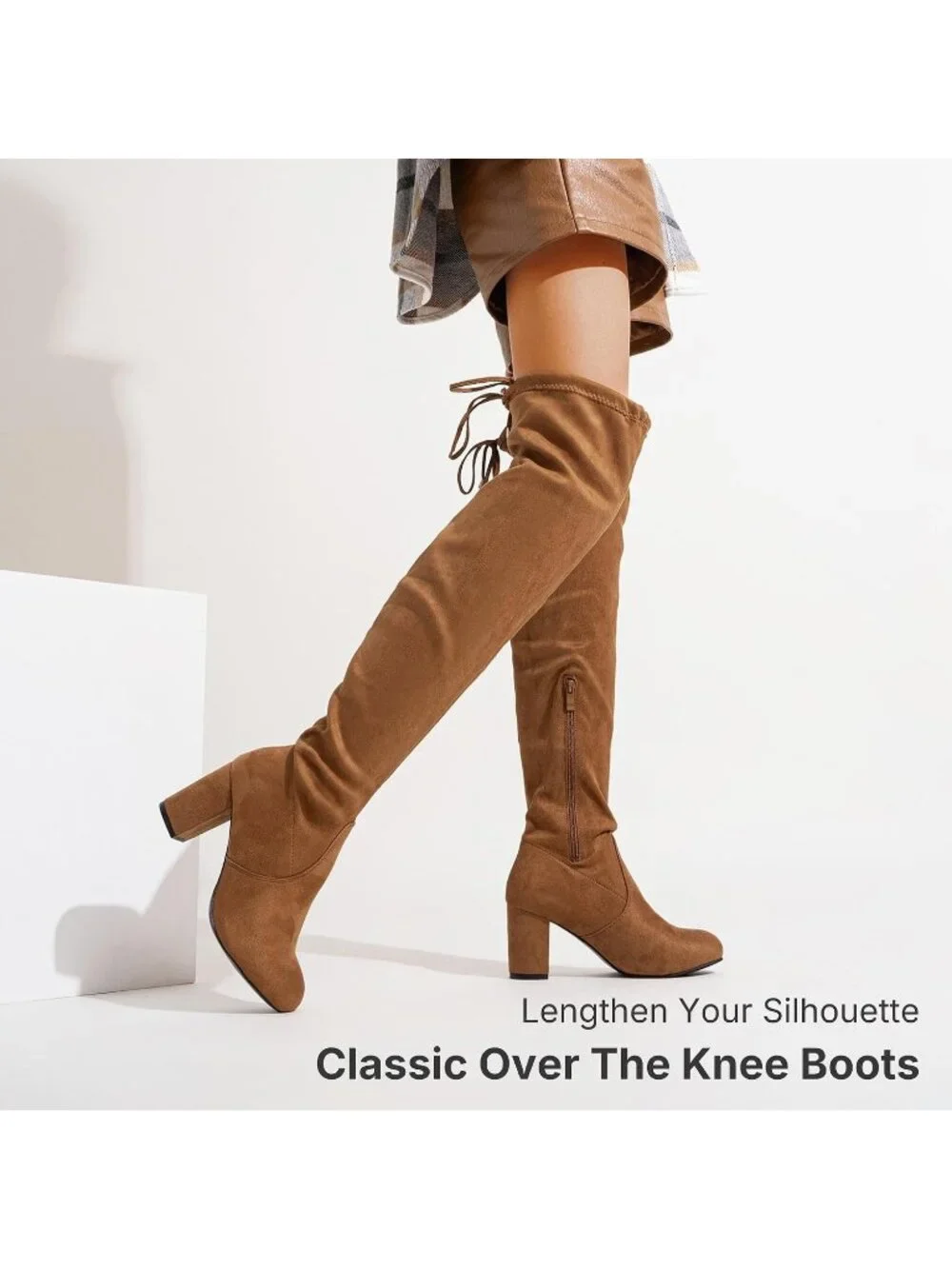 Women's Camel Chunky Heel Round Toe Side Zipper Over The Knee Thigh High Boots